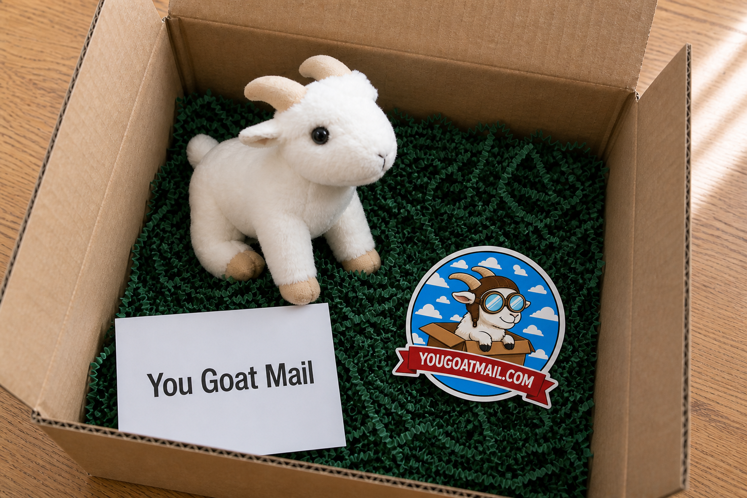 Open box with a plush goat, You Goat Mail card, and brand sticker